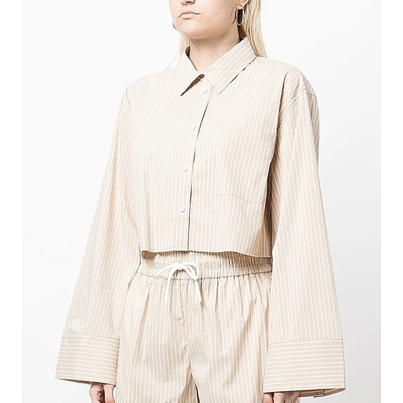 FRAME-Striped Cropped Wide Sleeve Button-Up Shirt-Size Small - Picture 3 of 17